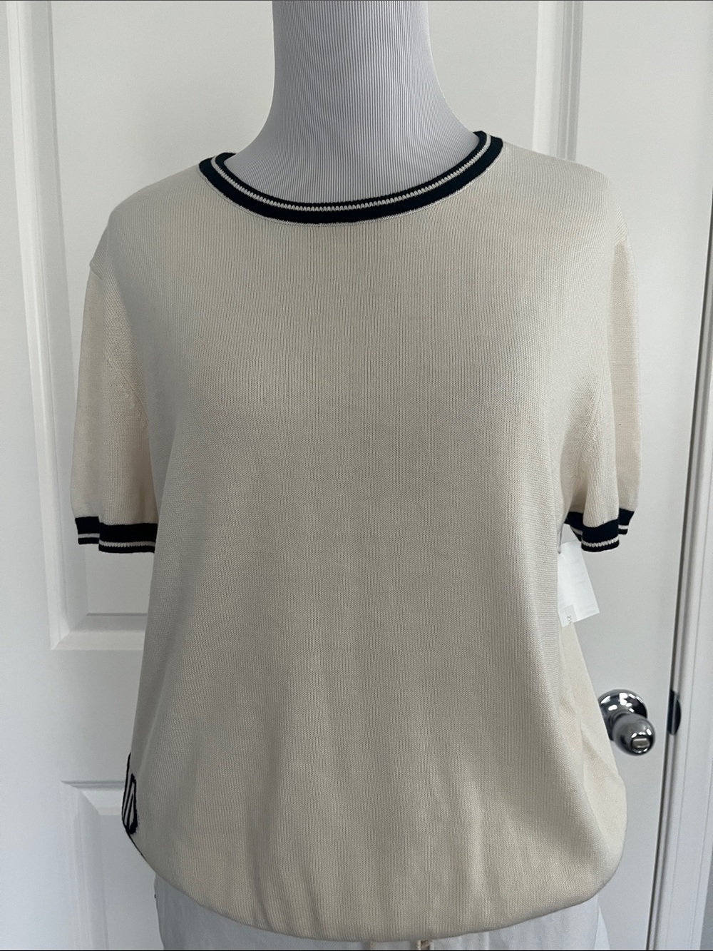 Ralph Lauren Cream Short Sleeve Knit Top with Black Trim